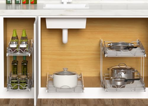 OCG Pull Out Cabinet Organizer 2 Pack (15" W x 21" D), Pull out Shelves 1 Tier, Cabinet Slide Out Shelves for Base Cabinet Organization in Kitchen Bathroom Pantry, Bottom Mount, Chrome Finish - size: 15W21D, 2Pack