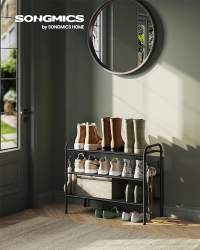 SONGMICS Shoe Rack, 3-Tier Shoe Organizer, Metal Shoe Shelf Storage with 4 Side Hooks, Holds 12 Pairs of Shoes, Height-Adjustable Shoe Rack for Entryway, Hallway, Closet, Ink Black ULMR068B01 - size: 3 Tiers (26.7"W)
