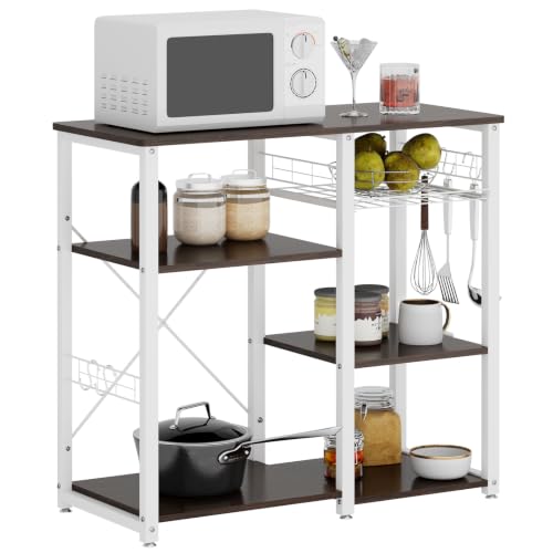 soges 3-Tier Kitchen Baker's Rack, Compact Microwave Stand, Walnut Black | Space-saving for Apartments, Kitchen, Pantry, Living Room, Sliding Storage Basket, 5 Hooks, Sturdy X-Frame, Easy Assembly - color: Walnut Black