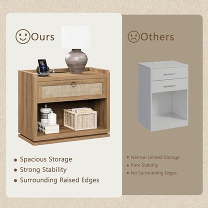 31" Wide Rattan Nightstand with Charging Station, End Side Table | Drawer & Open Shelf, Extra Large Night Stand, Farmhouse, Boho, Wood Bedside Table for Bedroom,Living Room,Office - color: Caramel Oak
