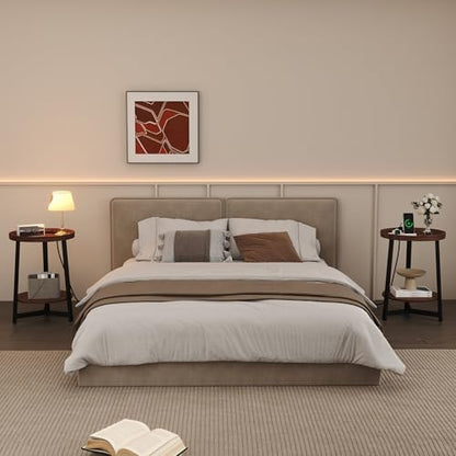 Round Industrial Side Table with Charging Station,2-Tier Round End Table with USB Port & Power Outlet, Nightstand with Metal Frame for Small Spaces, Living Room, Bedroom, Cherry - color: Cherry, style: With Charging Station