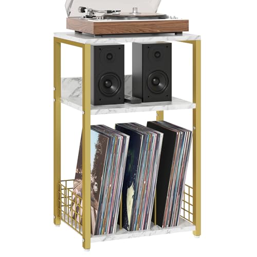 LELELINKY Large White Marble Record Player Stand with Golden Metal Frame, 3 Tier 18" Wide Big End Table with Vinyl Storage Up to 130 Albums, Industrial Turntable Printer Tables for Living Room, Office - color: White Marble, size: Large
