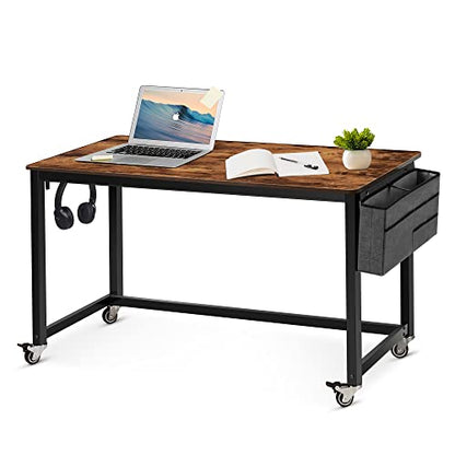 AHB 55" Rolling Computer Desk with 4 Smooth Wheels, Simple Style Mobile Writing Desk Home Office Study Table Movable Workstation with Metal Frame - color: Brown, size: 55"