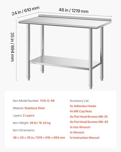 VEVOR Stainless Steel Work Table, 24x48 Inch Food Prep Table, Commercial Kitchen Workstation with Adjustable Undershelf, Metal Heavy Duty Utility Worktable, for Restaurant Home Hotel Garage Outdoor - size: 24*48