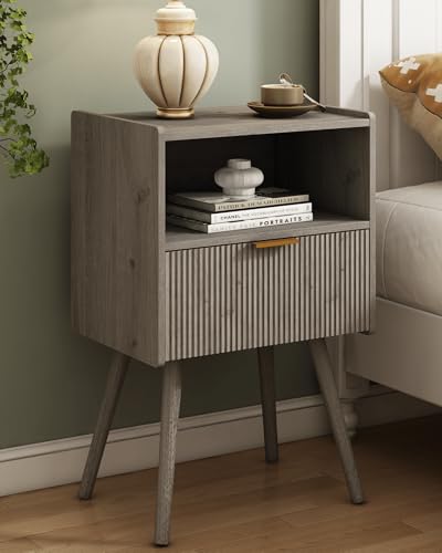 JOONEE Nightstand,Modern Bedside Table with Storage Drawer and Open Wood Shelf, for Living Room, Bedroom and Small Spaces, Accent Night Stand with Solid Wood Legs, Easy Assembly,Grey Oak - color: Grey Oak