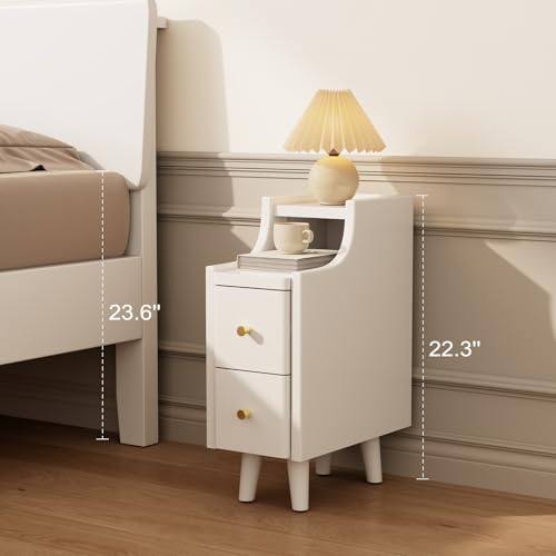Narrow Nightstand with 2 Drawers,White Nightstand,Bedside Table,Solid Wood Modern Bedside Table for Bedroom,Study,Toilet - color: White, size: 15.75"D x 7.87"W x 22.32"H(2 Drawers)