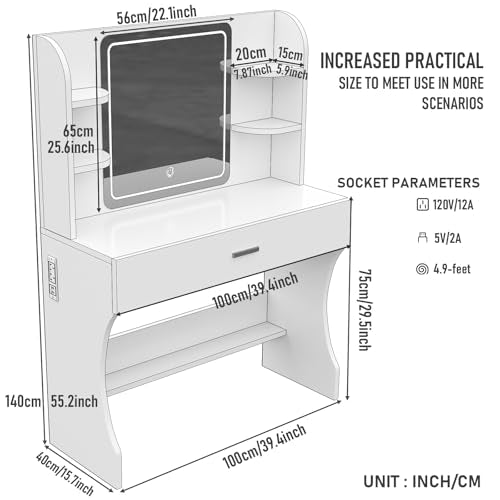 Vanity Desk, Makeup Vanity with Mirror and Lights, White Makeup Vanity Table with Big Drawer, Power Outlet, Stronger Links, for Bedroom, Dressing Room - color: White.
