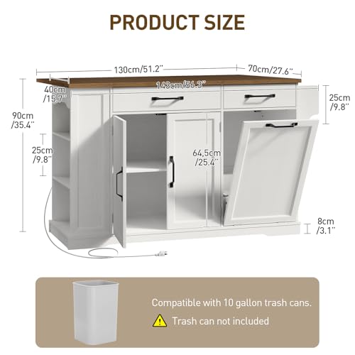 RALGEND Kitchen Island with Power Outlet & Drop Leaf, Rolling Storage Cart with Trash Storage Cabinet, Farmhouse Mobile Island Table for Kitchen, Dining Room, Hidden Casters, White and Walnut - color: White + Walnut