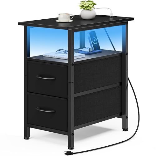 Vagusicc Black Nightstand with Charging Station and LED Lights, Narrow Side Table, LED Night Stand with 2 Fabric Drawers, Bedside Table with USB Ports and Outlets, Tall Nightstand for Bedroom, Black - color: Black, size: 1, style: With LEDs