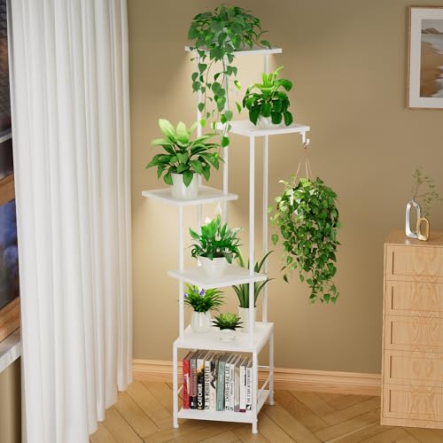 Homsorout Plant Stand Indoor with Grow Light - 6-Tier Metal Plant Shelf with Hanging Basket Hook, Corner Tall Flower Holder for Multiple Plants, Living Room Balcony Garden Patio, White - color: 6-Tiered White with grow light