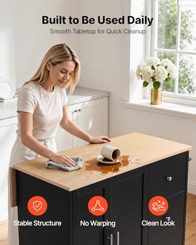 VEVOR Kitchen Island Cart with Storage, 42.4 in Wide Mobile Rolling Storage Island on Swivel Wheels, with 3 Drawers, Storage Cabinet, Drop Leaf, Towel Rack, Table for Home Dining Room, Black - size: 42.4" W (dropleaf)
