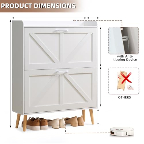 LEYAOYAO Shoe Cabinet Storage for Entryway with 2 Flip Drawers | Rack Narrow Organizer Slim Hidden Wood Shoe Cabinet Furniture - color: White