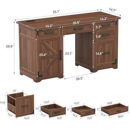 55" Farmhouse Executive Desk with Charging Station & Power Outlet, Home Office Computer Desk with 5 Drawers and Storage Cabinet, Rustic Wood Writing Study Table with File Drawer (Walnut-05) - color: Walnut-05