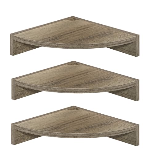 Fun Memories Corner Shelf Wall Mount, Wood Floating Corner Shelves,Corner Wall Shelf for Bedroom, Bathroom, Kitchen, Living Room (Grey, 3 Pack) - color: Grey - Set of 3