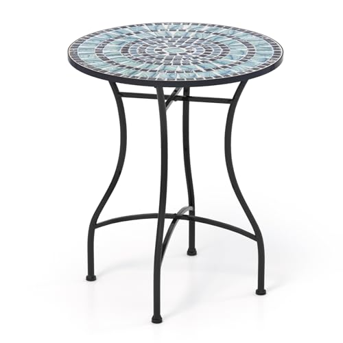 Giantex 24 Inch Patio Bistro Table, Mosaic Round Table w/Ceramic Tile Tabletop, Heavy-Duty Metal Structure, Outdoor Dining Table for Backyard, Garden, Porch (Blue & Black (Sun Pattern)) - color: Blue & Black (Sun Pattern)
