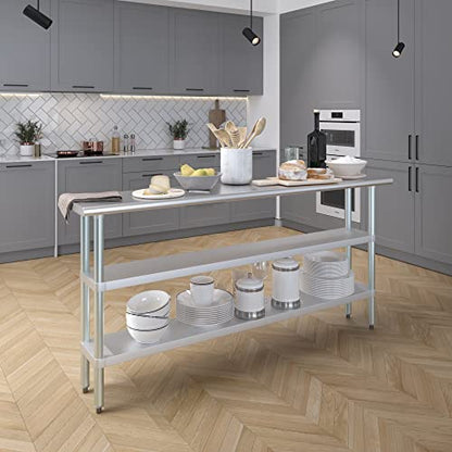 Stainless Steel Work Table with 2 Shelves | Metal Utility Table | Commercial & Residential NSF Utility (Stainless Steel Table with 2 Shelves, 72" Long x 14" Deep) - size: 72" Long x 14" Deep