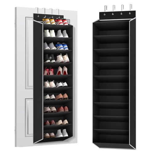 REGELETO 10 Tiers Large Size Over the Door Shoe Organizer Storage, Hanging Shoe Rack for Door with Deep Pockets, Fit 20 Pairs Shoe Organizer Holder for Sneakers and Boots (Black) - color: Black-10 cell