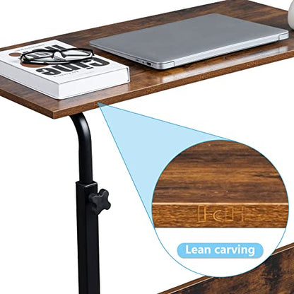 Karl home Mobile Side Table 31.5 Inch Computer Desk with Wheels Height Adjustable Rolling Potable Laptop Cart, C-Shaped Bed Couch End Tables with Edge Stopper for Livingroom Bedroom, Rustic Brown - color: Rustic Brown, size: 31.5"+No Power Sockets