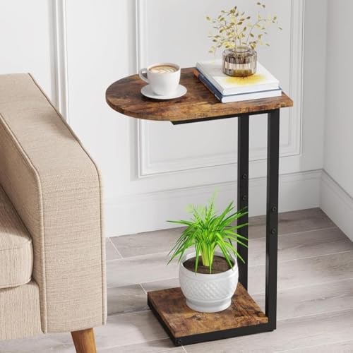Hosfais Side Table Small End Table, C-Shaped Wood Sofa Table with Metal Frame for Living Room, Bedroom, Small Spaces (Rustic Brown) - color: Rustic Brown, size: Curved