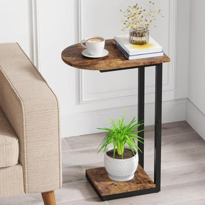 Hosfais Side Table Small End Table, C-Shaped Wood Sofa Table with Metal Frame for Living Room, Bedroom, Small Spaces (Rustic Brown) - color: Rustic Brown, size: Curved