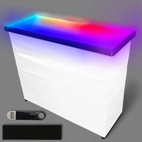 PartyLife Premium Glowing LED Surface Portable Bar Table with White Skirt, Mobile App, Folding Legs, Black Fabric Bar Skirt, 2 Storage Shelves & 2 Carrying Bags - color: White, size: Premium, style: Glowing Surface