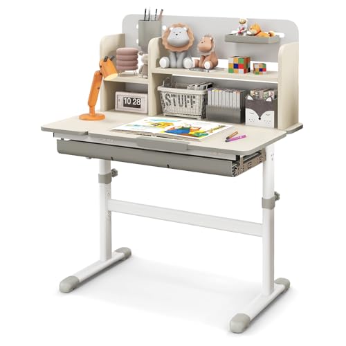 HONEY JOY Kids Desk, Children School Study Desk w/ 7-Level Tiltable Desktop, Height Adjustable Table w/Bookshelf, Pull-Out Drawer & Pen Holder, Student Writing Workstation, Desk for Girls Boys (Gray) - color: Grey, size: 31.5” x 20” x 43.5” (L x W x H)