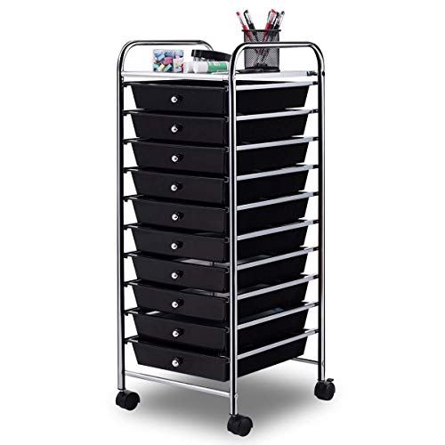 Giantex 10 Drawer Rolling Storage Cart Scrapbook Paper Office School Organizer (Black) - color: Black, size: 10 Drawer-13"x15"x34"