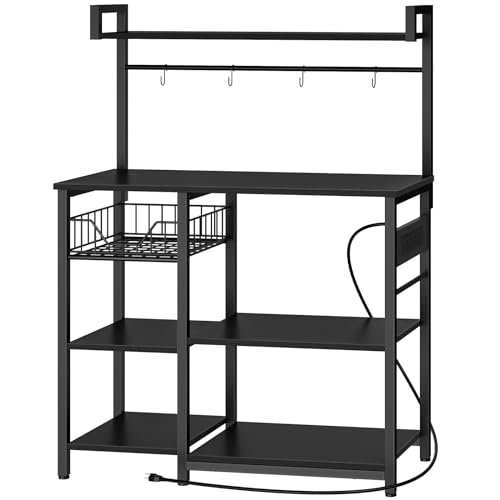 HOOBRO Bakers Rack with Power Outlet, 35.4 Inches Coffee Bar with Mesh Basket, Microwave Stand with 4 S-Shaped Hooks, Kitchen Bakers Rack with Storage, Easy to Assemble, Black BB05HB01 - color: Black