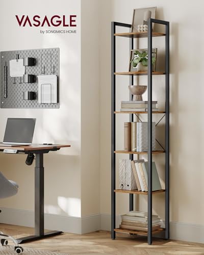 VASAGLE 6-Tier Bookshelf, Bookcase with Steel Frame, Book Shelf for Living Room, Home Office, Study, 11.8 x 15.7 x 73.2 Inches, Industrial Style, Rustic Brown and Ink Black ULLS101B01 - color: Rustic Brown + Ink Black, size: 6 Tiers (11.8"D x 15.7"W x 73.
