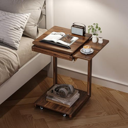 OtterOasis C Shaped End Table for Couch Rolling Side with Wheels Walnut | Wood, Desk Tv Tables, with Folding Desktop, Lockable Wheel, with Hidden Storage, for Living Room, Bedroom - color: Walnut