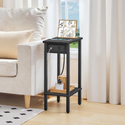HOOBRO Small End Table with Charging Station, Narrow Side Table with USB Port and Outlets, Skinny Sofa Table, Slim Nightstand, Living Room, Bedroom, Black BK240UBZ01 - color: Black, size: 7.9"L x 15.7"W x 22.6"H