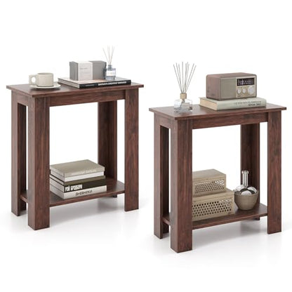 Giantex Narrow End Table Set of 2, 2-Tier Side Table with Open Storage Shelf, Retro Wood Sofa Table Bedside Tables for Small Spaces, Slim Nightstand for Living Room, Bedroom, Easy Assembly, Walnut - color: Walnut