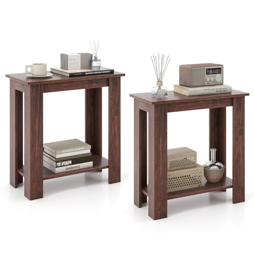 Giantex Narrow End Table Set of 2, 2-Tier Side Table with Open Storage Shelf, Retro Wood Sofa Table Bedside Tables for Small Spaces, Slim Nightstand for Living Room, Bedroom, Easy Assembly, Walnut - color: Walnut