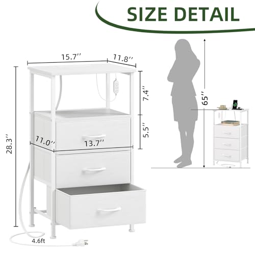 Somdot Nightstands Set of 2 with 3 Drawers, Charging Station & LED Light | Open-Shelf End Tables for Bedside, Small Spaces, Bedroom, Entryway and Hallway, White - color: White, size: 11.8"D x 15.7"W x 28.3"H (3 Drawers)