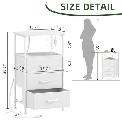 Somdot Nightstands Set of 2 with 3 Drawers, Charging Station & LED Light | Open-Shelf End Tables for Bedside, Small Spaces, Bedroom, Entryway and Hallway, White - color: White, size: 11.8"D x 15.7"W x 28.3"H (3 Drawers)