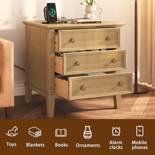 IKENO Solid Wood Nightstand with 3 Drawers, Tall Leg Bedside Table with Charging Station, Farmhouse Night Stand with Wood Slide Rail, Anti-Scratch Foot Pads for Bedroom，Teak - color: Teak