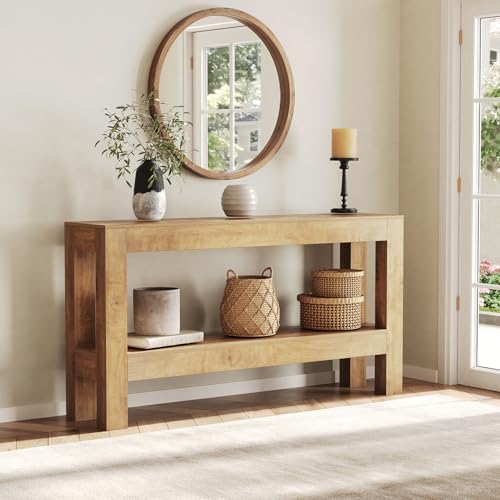 LITTLE TREE 63-Inch Long Console Table for Living Room, Farmhouse Wood Entryway Table for Sofa, Entry, Hallway, Entrance, Foyer, Behind Couch with 2-Tier Narrow Shelf, Oak - color: Oak