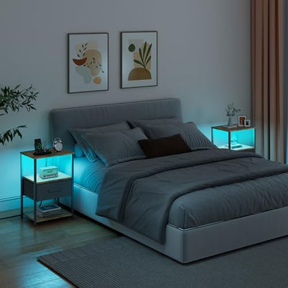 TUTOTAK LED Nightstand Set of 2, Night Stand with Charging Station, End Table, Bedside Table with Fabric Drawer, Side Table for Livingroom and Bedroom, Brown TB01BB0692L - color: Brown, style: Plug&LED