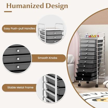 DREAMADE Rolling Cart with Storage Drawers, Utility Cart with Removable Plastic Drawers, Lockable Wheels, Art Cart for Classroom Organization Art Supplies Office Scrapbook (10 Drawers, Mixed-black) - color: Mixed-black, style: 10 Drawers