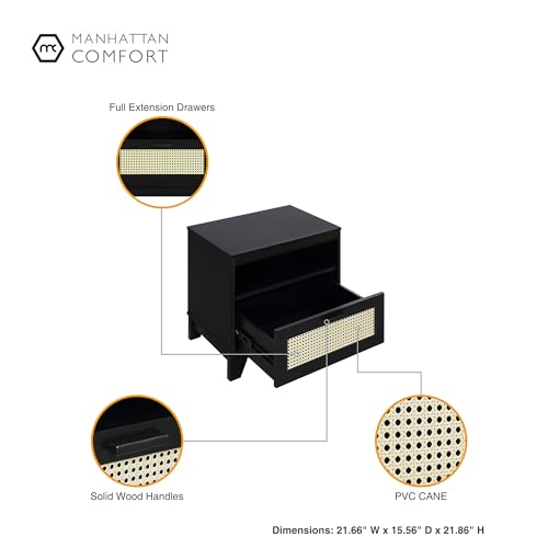 Manhattan Comfort Sheridan Cane Mid Century Modern Nightstand with 1 Full-Extension Drawer and Open Cubby Space, Elegant Bedside Table and Decor Accent for Bedroom and Living Room, Set of 2, Black - size: Set of 2