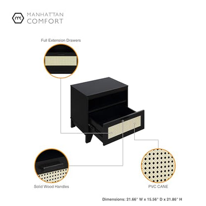 Manhattan Comfort Sheridan Cane Mid Century Modern Nightstand with 1 Full-Extension Drawer and Open Cubby Space, Elegant Bedside Table and Decor Accent for Bedroom and Living Room, Set of 2, Black - size: Set of 2