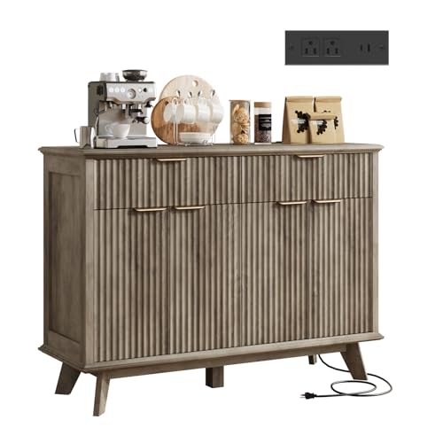 QUW Fluted Buffet Sideboard Cabinet with Storage, 47.2" Kitchen Cabinet with Drawers and Adjustable Shelves, Modern Coffee Bar with Charging Station, for Dining Room, Living Room, Grey