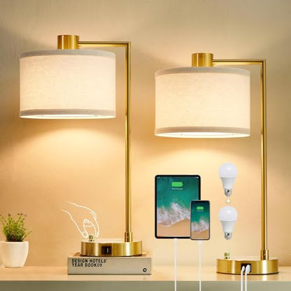 Luvkczc Table Lamp for Bedroom Set of 2 with USB C+A Ports, Fully Stepless Dimmable Bedside Lamp with Linen Lampshade, Nightstand Lamp for Living Room Reading Office, 2 LED Bulbs Included (Gold) - color: Gold