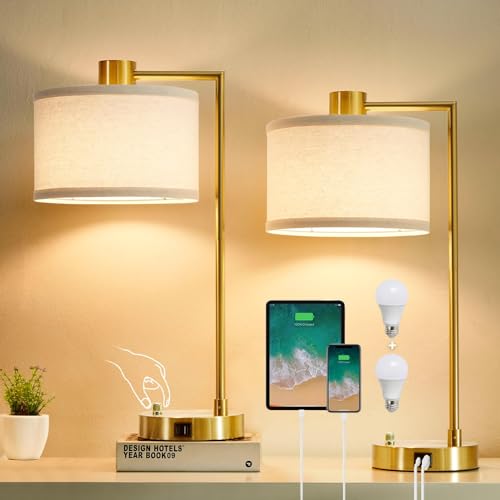 Luvkczc Table Lamp for Bedroom Set of 2 with USB C+A Ports, Fully Stepless Dimmable Bedside Lamp with Linen Lampshade, Nightstand Lamp for Living Room Reading Office, 2 LED Bulbs Included (Gold) - color: Gold