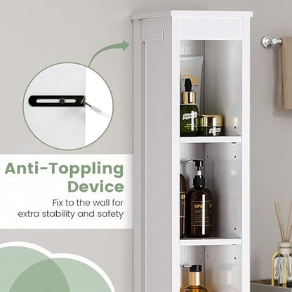 VECELO Narrow Bathroom Storage Cabinet with 3 Adjustable Shelves, 71" Tall Freestanding Cabinet with Toilet Paper Holder, Slim Tower Cabinet with Magnetic Door, for Small Spaces, White - color: Shelf Top