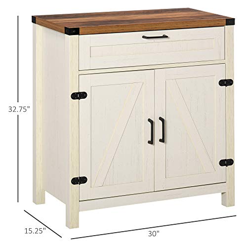 HOMCOM Sideboard, Storage Drawer, Coffee Bar Cabinet, Distressed White | Kitchen Cabinet, 2 Barn Doors, Modern Farmhouse - color: Distressed White