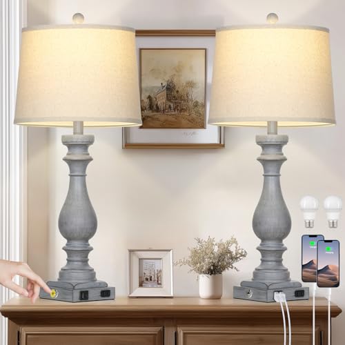 29" Tall Farmhouse Table Lamp for Living Room Set of 2,Vintage Retro Nightstand Lamps with USB C+A Ports & AC Outlet,3-Way Dimmable Touch Bedside Lamp for Bedroom Side Table,Light Grey - color: Light Gray