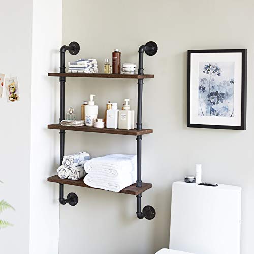 IBUYKE 3-Tiers Industrial Pipe Shelves, Pipe Floating Shelves RF-TM003 | Rustic Wall Mount Bookcase,Metal Bracket Storage Wall Shelf for Bedroom, Kitchen - size: 3 Tier