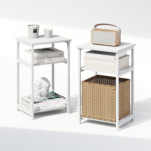 Furinno Simplistic Night Stand Set of 2, 3-Tier Open Shelf Design Nightstand with Metal Frame, Bedside Table, End Table, Side Table, for Bedroom, Closet, White - color: White/White, size: Metal Frame, 3-Tier, 2-Pack
