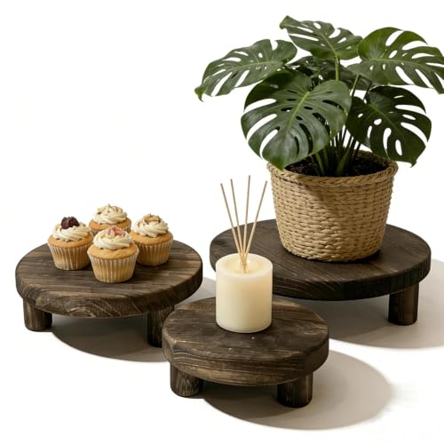 6"/8"/10" 3pcs Unfinished Rustic Wood Stands - Wooden Round Riser - Plant Risers Stand for Decor Display - color: darkbrown